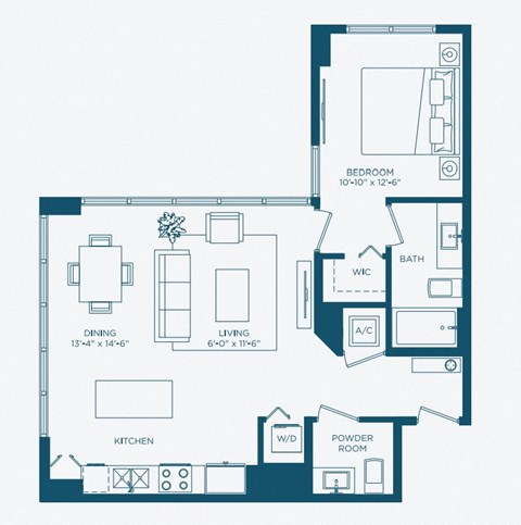 Floor plan for 1 bed, 1 bath, 882 sqft